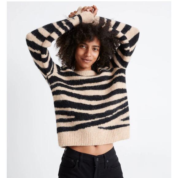 Madewell Women's Shrunken Crewneck Pullover Sweater W/ Tiger Stripes Size Large - Picture 2 of 8